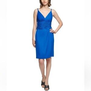 NWOT CALVIN KLEIN | Women's Ruched Waist Surplice Neck Dress in Regatta Blue